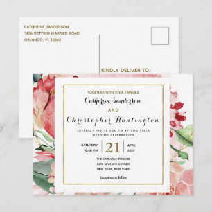 Elegant Pink Floral All In One Wedding Invitation Postcard