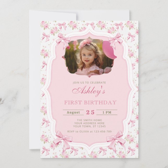 Elegant Pink Floral and Bow Girl Birthday Invitation (Front)
