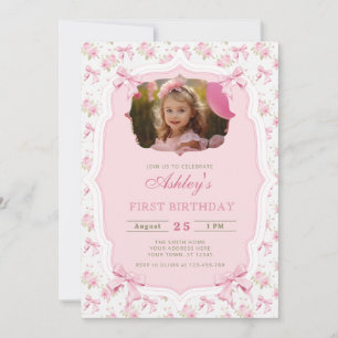 Elegant Pink Floral and Bow Girl Birthday Invitation