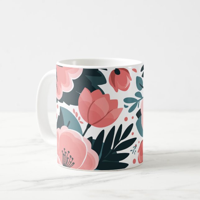 Elegant Pink Floral and deep Green leaves Coffee Mug (Front Left)