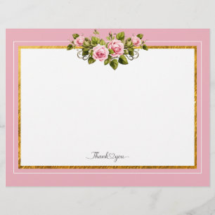 Elegant Pink Floral and Gold Frame "Thank You" Custom Letterhead