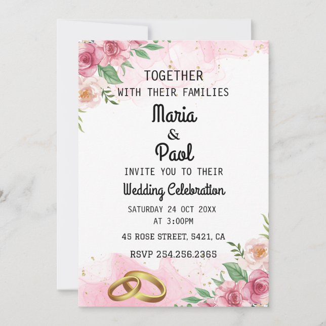 Elegant pink floral and gold rings wedding invitat invitation (Front)