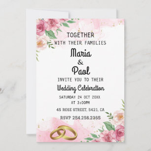 Elegant pink floral and gold rings wedding invitat invitation