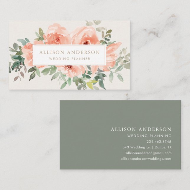 Elegant Pink Floral and Greenery Watercolor Business Card (Front/Back)