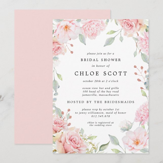 Elegant Pink Floral and Rose Gold Bridal Shower\ Invitation (Front/Back)