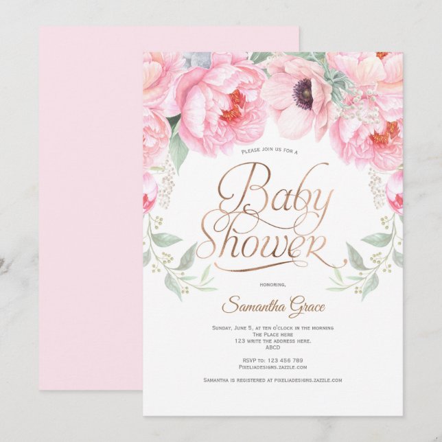 Elegant, Pink, Floral, Baby Girl Shower Invitation (Front/Back)