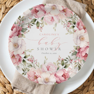 Elegant Pink Floral Baby In Bloom Girl Baby Shower Paper Plate