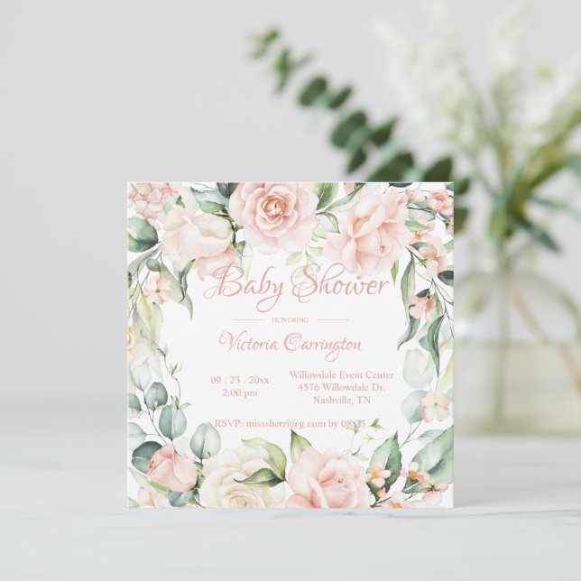 Elegant Pink Floral  Baby Shower Invitation (Standing Front)