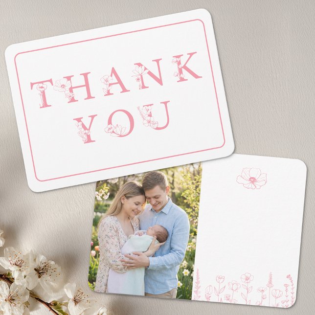 Elegant Pink Floral Baby Shower Photo Thank You Card (Pink Photo Thank You Card)