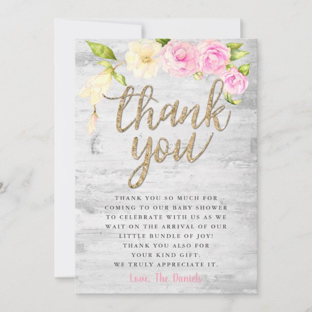Elegant Pink Floral Baby Shower Thank You Card (Front)