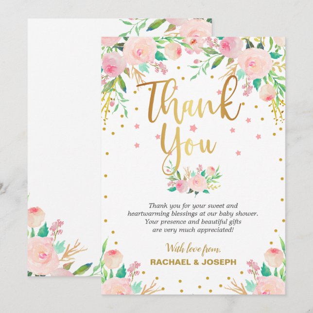 Elegant Pink Floral Baby Shower Thank You Card (Front/Back)