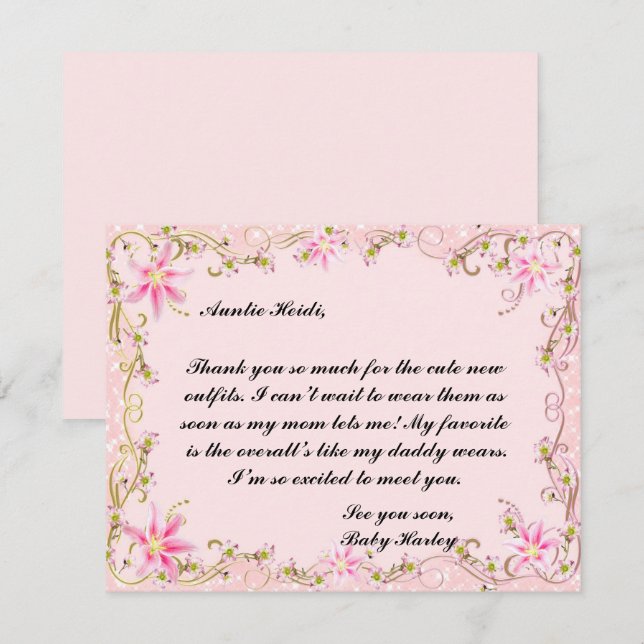 Elegant Pink Floral Baby Shower Thank You Card (Front/Back)