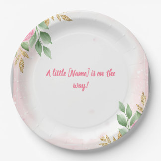 Elegant Pink Floral Baby Shower with Rose and Gold Paper Plate