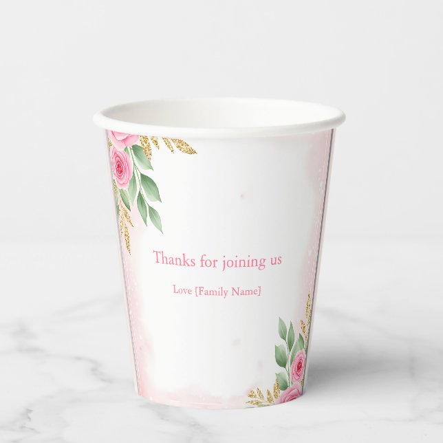 Elegant Pink Floral Baby Shower with Rose Paper Cups (Front)