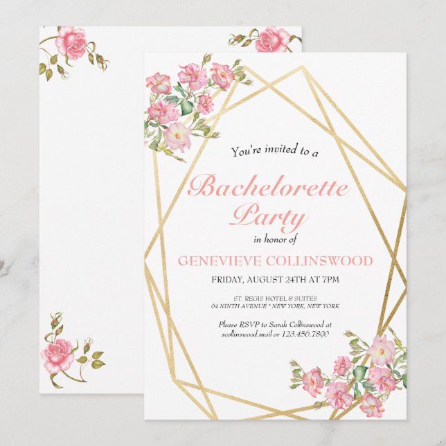 Elegant Pink Floral Bachelorette Party Invitation (Front/Back)