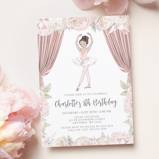 Elegant Pink Floral Ballerina Brown Hair Birthday Invitation (Creator Uploaded)