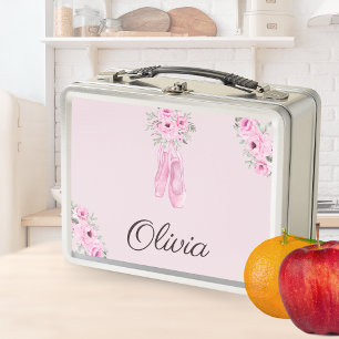 Elegant Pink Floral Ballerina Personalised Name Metal Lunch Box