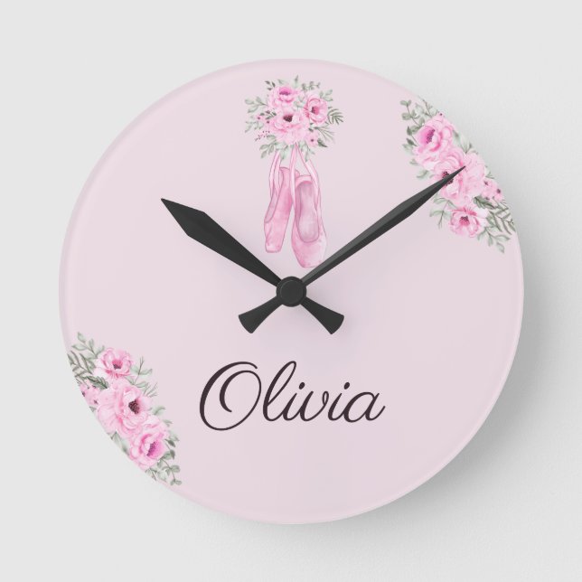 Elegant Pink Floral Ballerina Personalised Name Round Clock (Front)