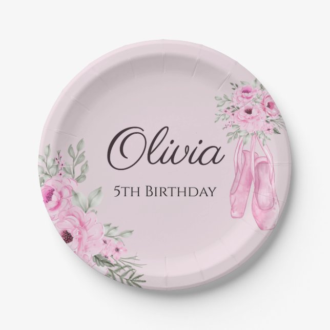 Elegant Pink Floral Ballerina Shoes Girls Paper Plate (Front)