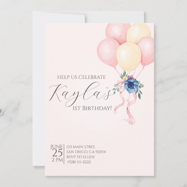 Elegant pink floral balloon first birthday invitation (Front)