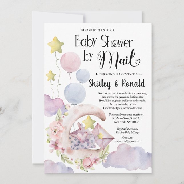 Elegant Pink Floral Balloons Baby Shower by Mail Invitation (Front)