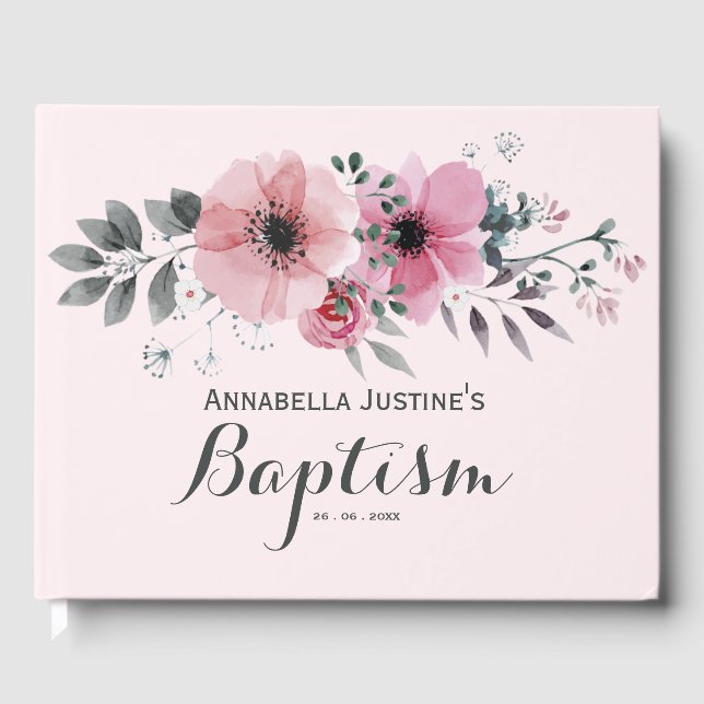 Elegant Pink Floral BAPTISM Guest Book (Front)