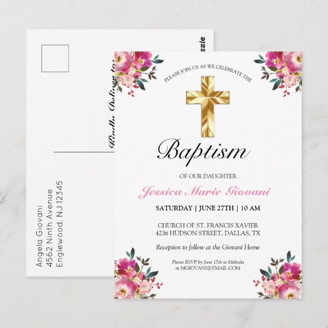 Elegant PInk Floral Baptism Invitation Postcard (Front/Back)