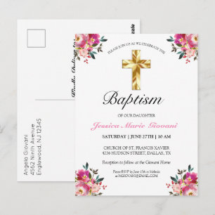 Elegant PInk Floral Baptism Invitation Postcard
