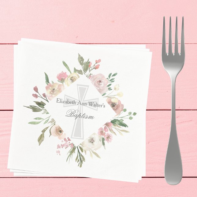 Elegant Pink Floral Baptism Religious Custom Party Napkin (Creator Uploaded)