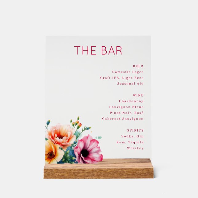 Elegant Pink Floral Bar Menu Acrylic Sign (Front)