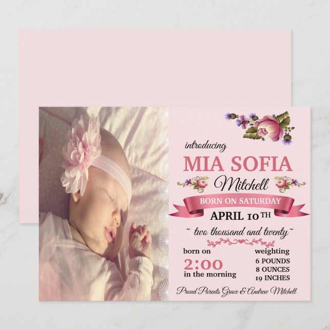 Elegant Pink Floral Birth Announcement (Front/Back)