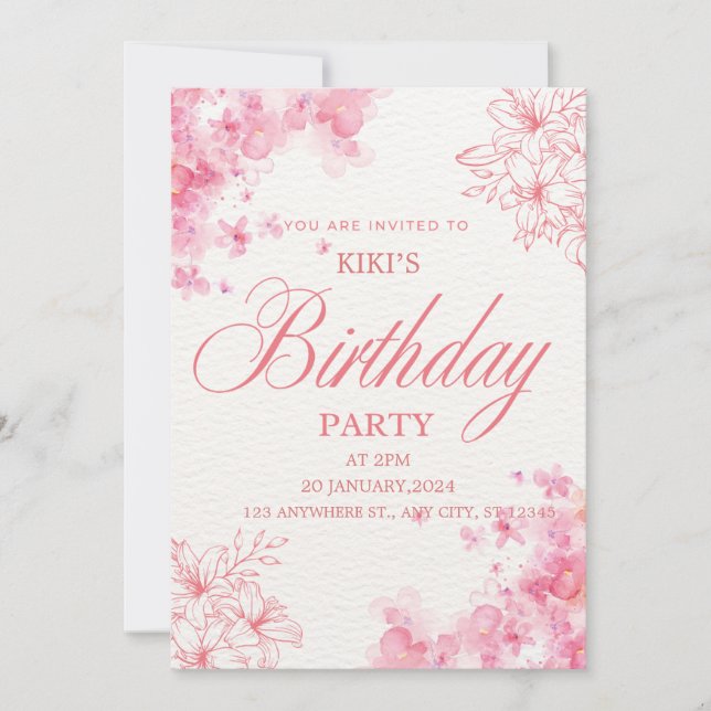 Elegant Pink Floral Birthday Invitation (Front)