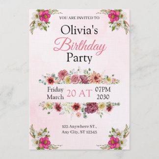 Elegant Pink Floral Birthday Invitation Card
