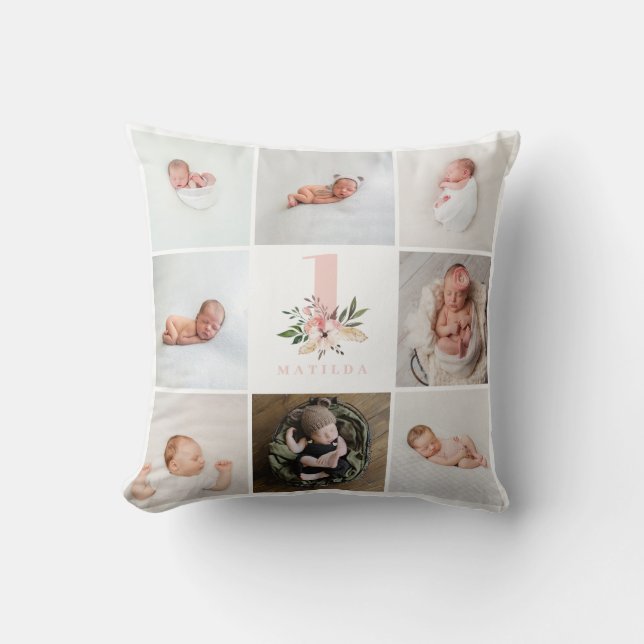 elegant pink floral birthday multi photo cushion (Front)