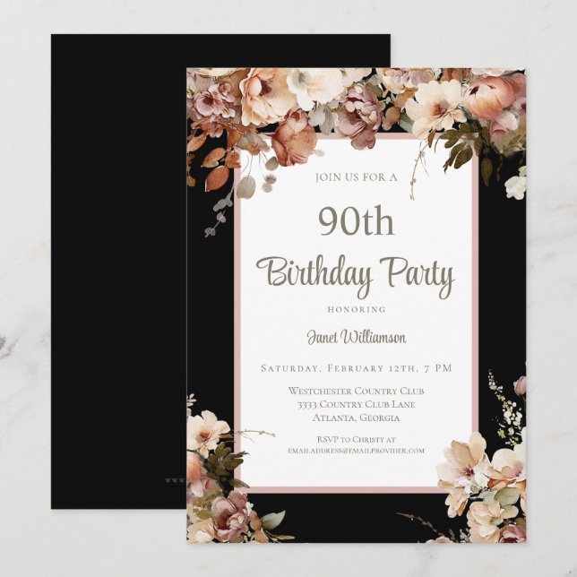Elegant Pink Floral Black 90th Birthday Invitation (Front/Back)