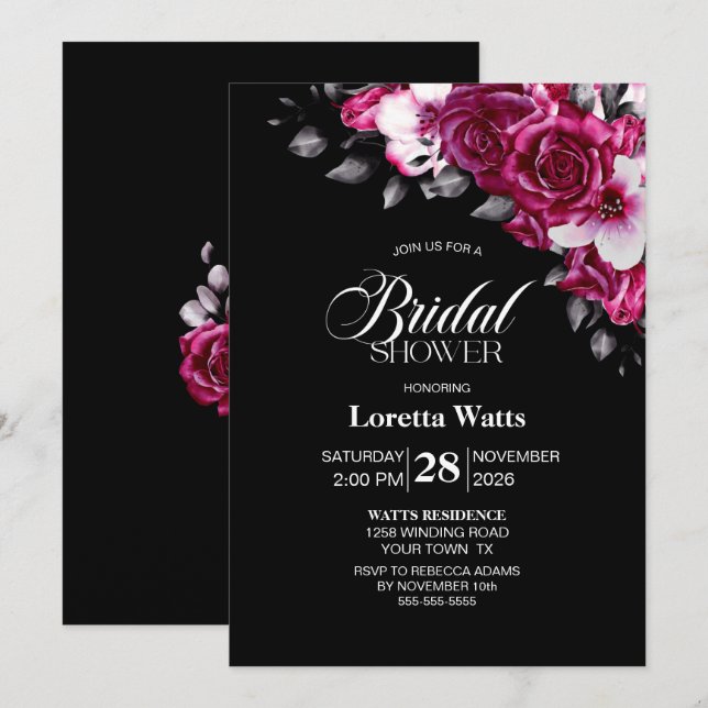 Elegant Pink Floral Black Bridal Shower Invitation (Front/Back)