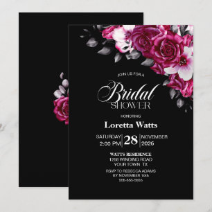 Elegant Pink Floral Black Bridal Shower Invitation