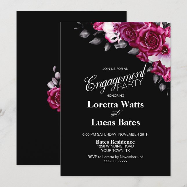 Elegant Pink Floral Black Engagement Party Invitation (Front/Back)