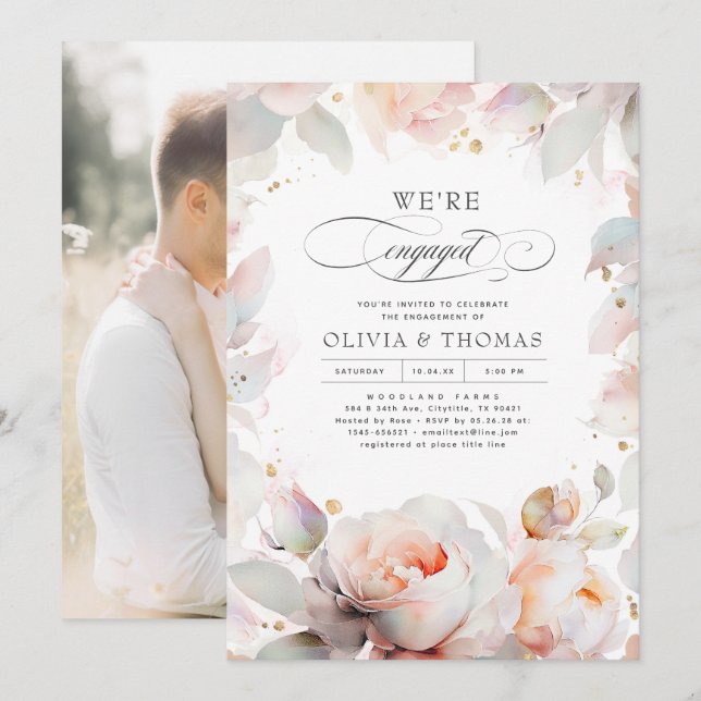 Elegant Pink Floral Boho Engagement Party Photo Invitation (Front/Back)