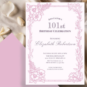 Elegant Pink Floral Border Women's 101st Birthday  Invitation
