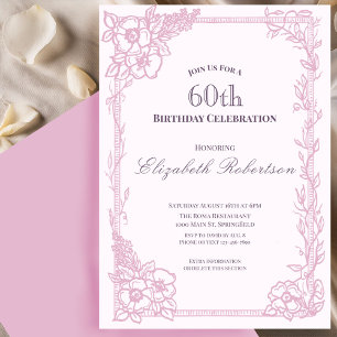 Elegant Pink Floral Border Women's 60th Birthday Invitation