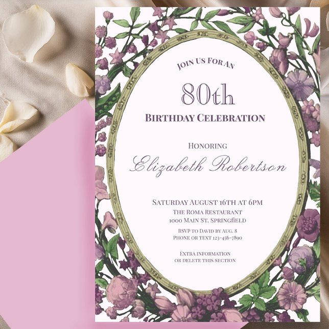 Elegant Pink Floral Border Women's 80th Birthday  Invitation (Creator Uploaded)