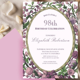 Elegant Pink Floral Border Women's 98th Birthday Invitation