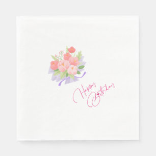 Elegant Pink Floral Bouquet Happy Birthday Custom Napkin
