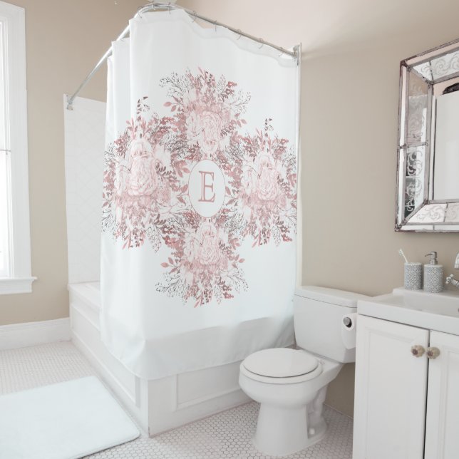 Elegant Pink Floral Bouquet Monogram Shower Curtain (In Situ)