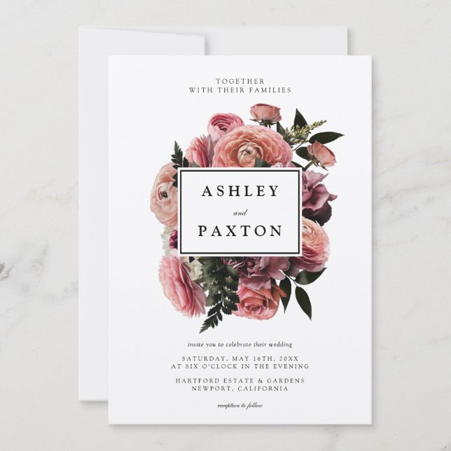 Elegant Pink | Floral Bouquet on White Invitation (Front)