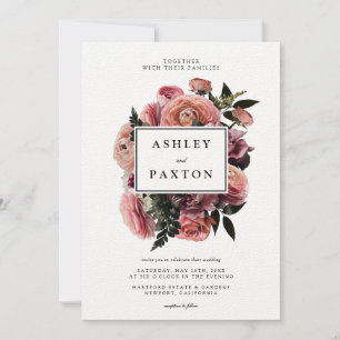 Elegant Pink   Floral Bouquet on White Invitation