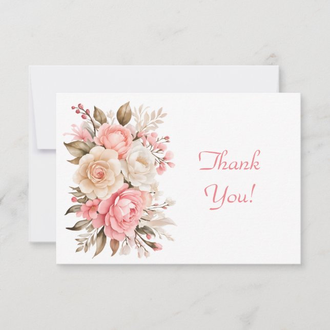 Elegant Pink Floral Bouquet Thank You Flat  Card (Front)