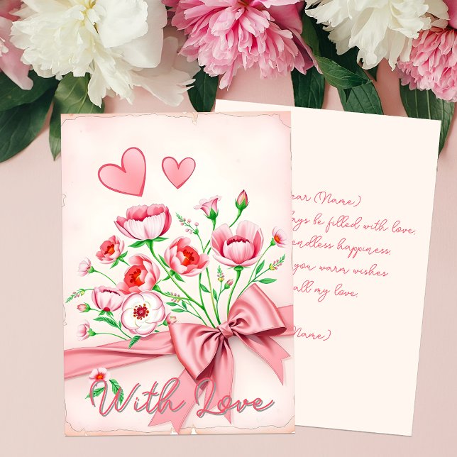 Elegant Pink Floral Bouquet with Hearts and Ribbon Card (Creator Uploaded)
