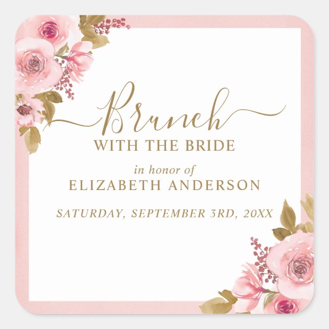 Elegant Pink Floral Bridal Shower Brunch Square Sticker (Front)